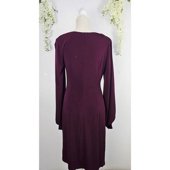 David Meister Size 6 Plum Cocktail Dress Ruched Midi Dress Beaded Elegant Party - Picture 3 of 15